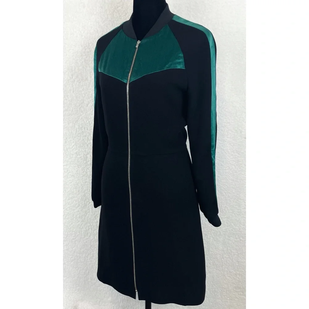 MAJE • Black/Green Rizia Contrast-Inset A-Line Long Sleeve Mini Dress, S - Picture 6 of 16